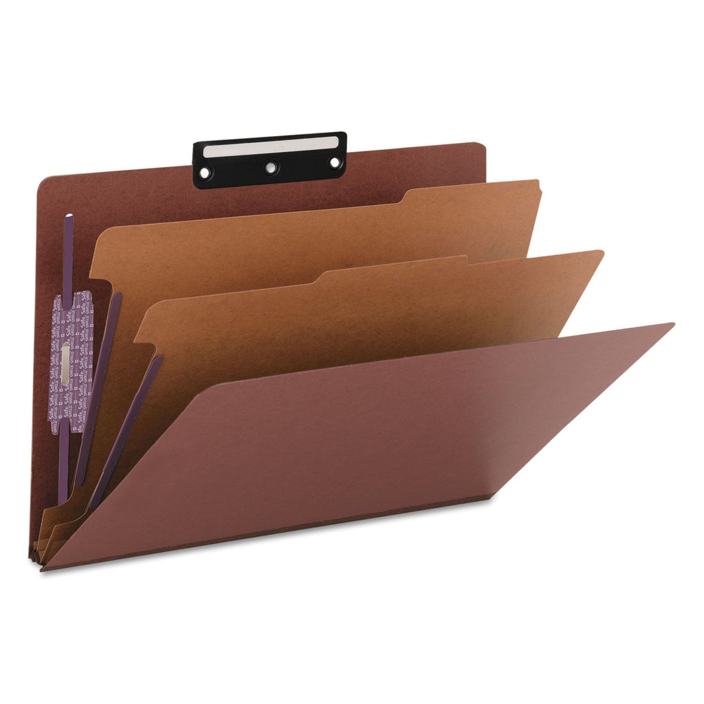 Smead Pressboard Classification Folders with SafeSHIELD Coated Fasteners, 1/3-Cut Metal Tab, 2 Dividers, Legal Size, Red, 10/Box