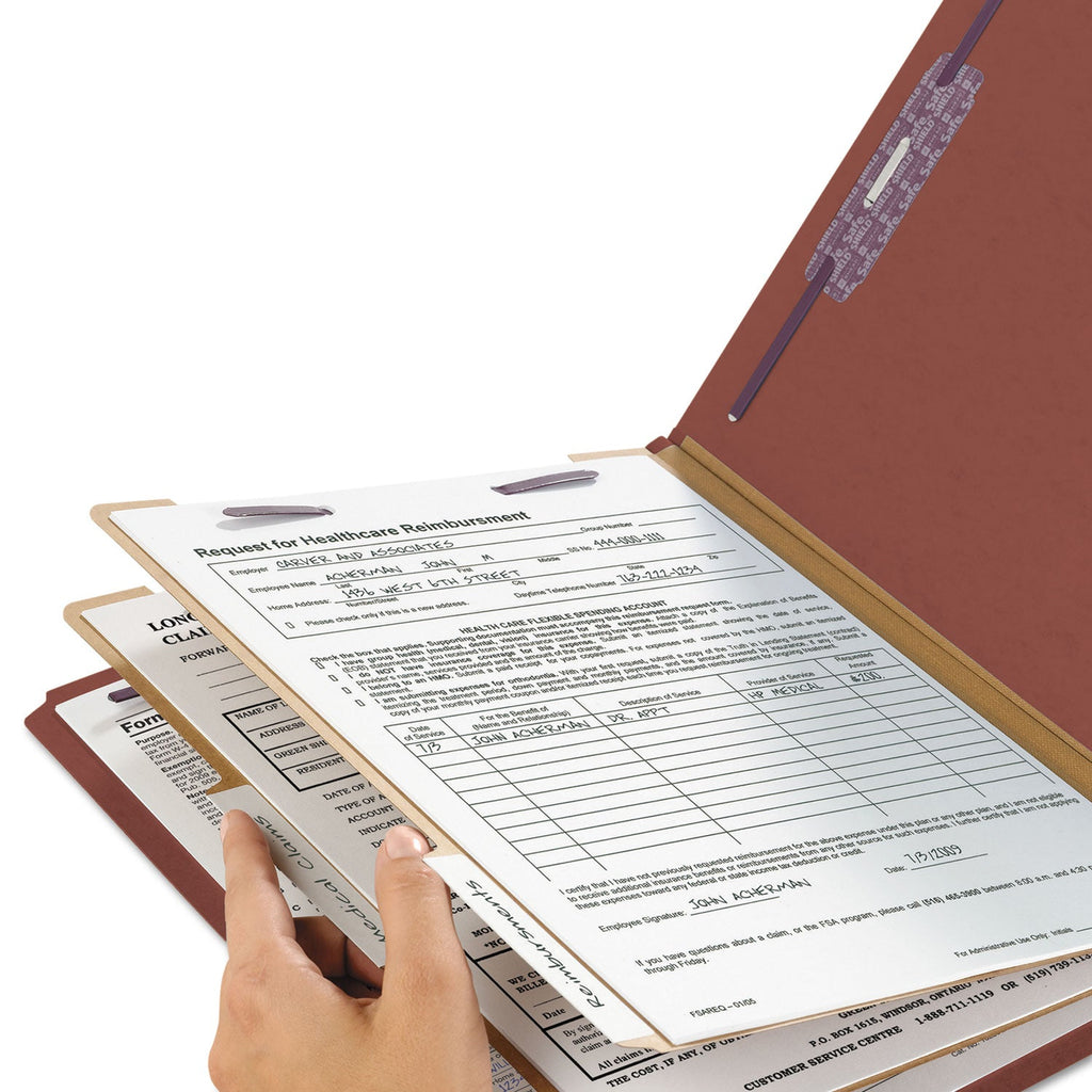 Smead Pressboard Classification Folders with SafeSHIELD Coated Fasteners, 1/3-Cut Metal Tab, 2 Dividers, Legal Size, Red, 10/Box