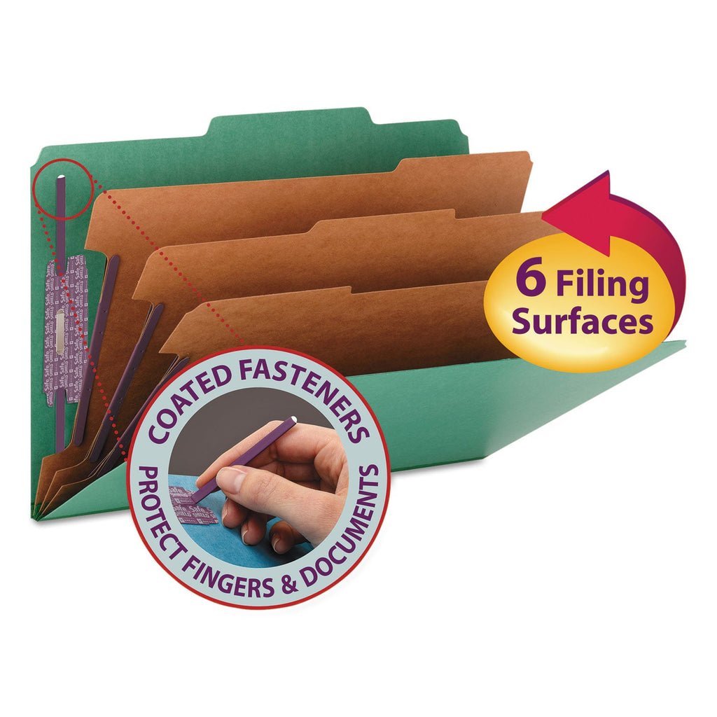 Smead Eight-Section Pressboard Top Tab Classification Folders with SafeSHIELD Fasteners, 3 Dividers, Legal Size, Green, 10/Box