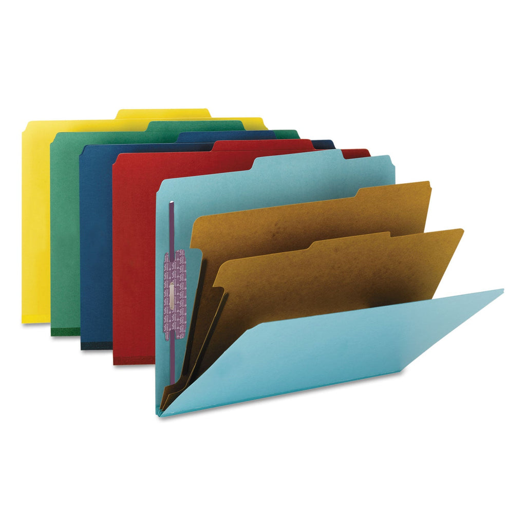Smead Six-Section Pressboard Top Tab Classification Folders with SafeSHIELD Fasteners, 2 Dividers, Letter Size, Assorted, 10/Box