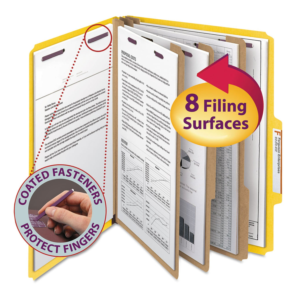Smead Eight-Section Pressboard Top Tab Classification Folders with SafeSHIELD Fasteners, 3 Dividers, Letter Size, Yellow, 10/Box