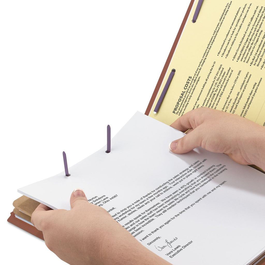 Smead Pressboard Classification Folders with SafeSHIELD Coated Fasteners, 2/5 Cut, 2 Dividers, Legal Size, Red, 10/Box