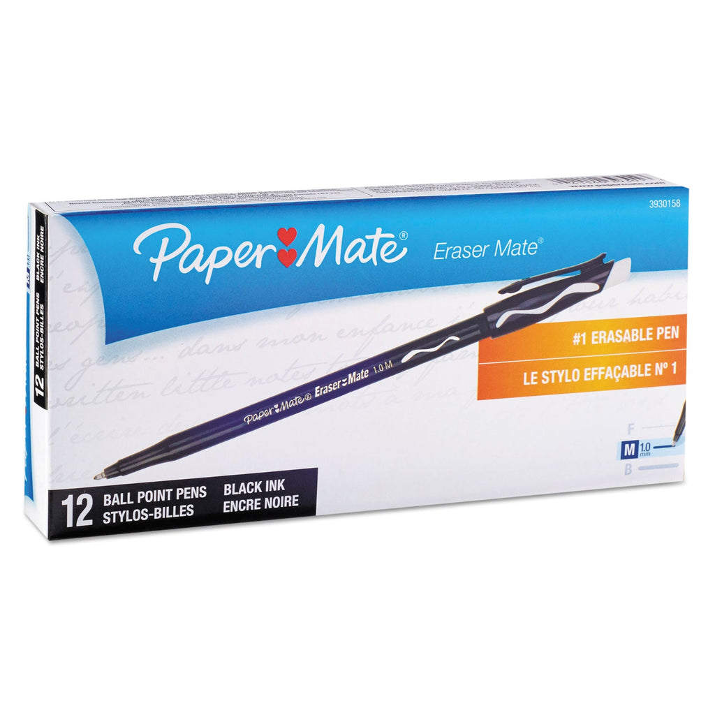 Paper Mate Eraser Mate Ballpoint Pen, Stick, Medium 1 mm, Black Ink, Black Barrel, Dozen