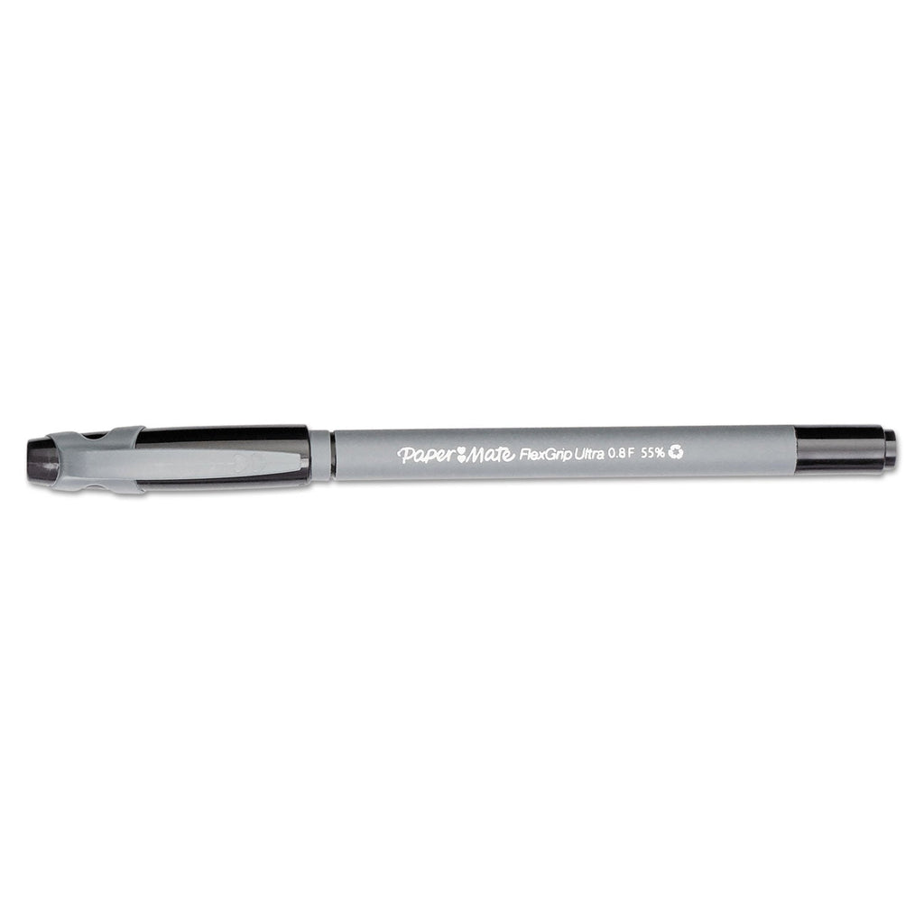 Paper Mate FlexGrip Ultra Ballpoint Pen, Stick, Fine 0.8 mm, Black Ink, Gray Barrel, Dozen