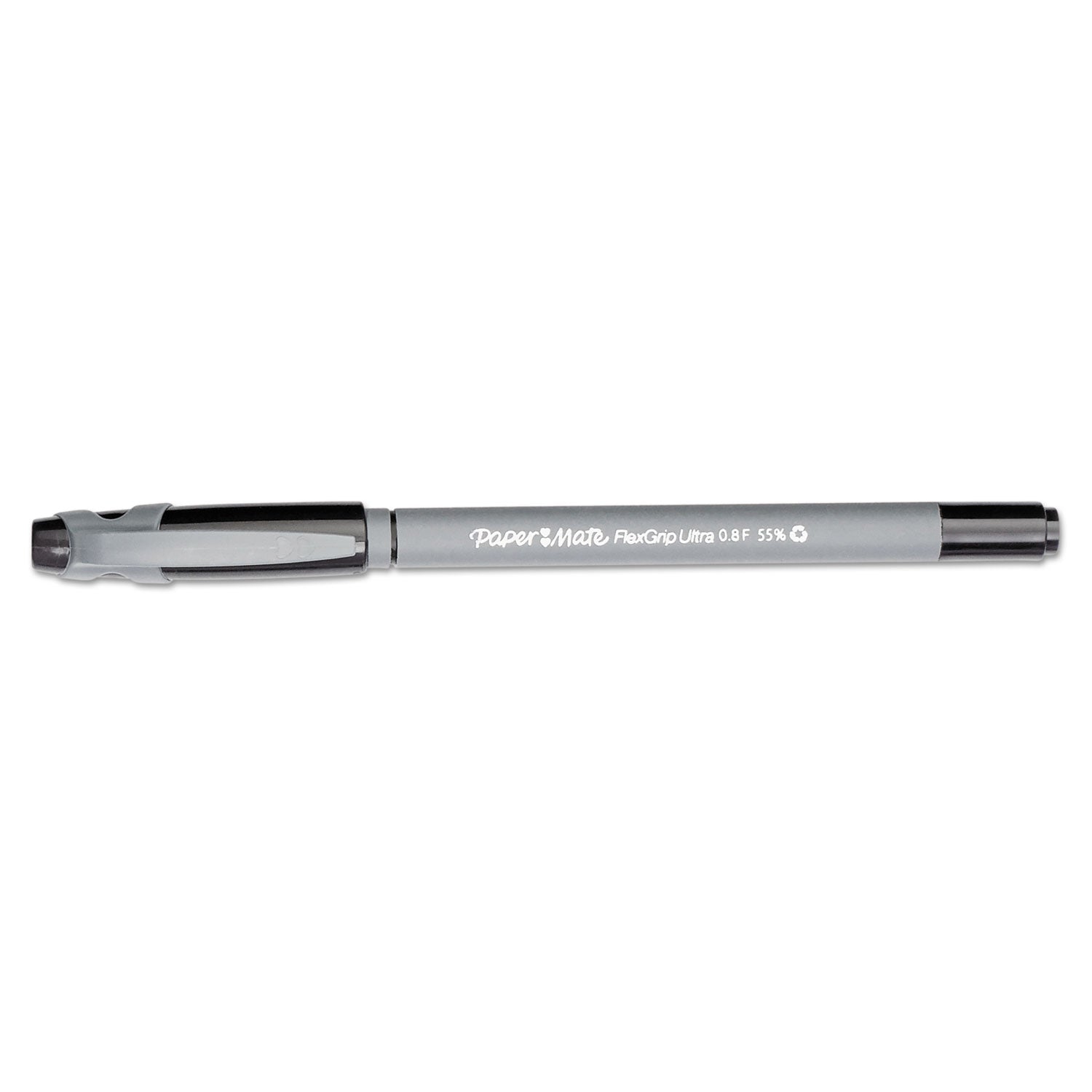 Paper Mate FlexGrip Ultra Ballpoint Pen, Stick, Fine 0.8 mm, Black Ink, Gray Barrel, Dozen