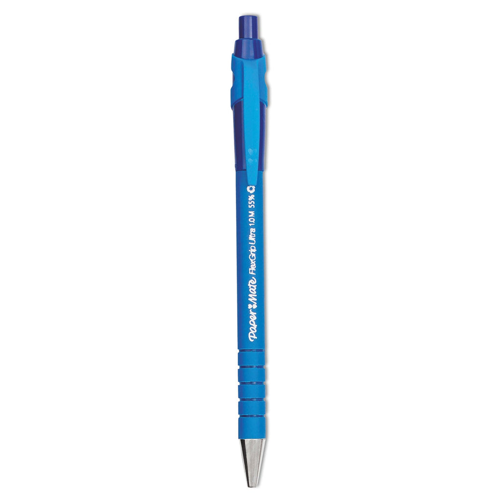 Paper Mate FlexGrip Ultra Ballpoint Pen, Retractable, Medium 1 mm, Blue Ink, Blue Barrel, Dozen