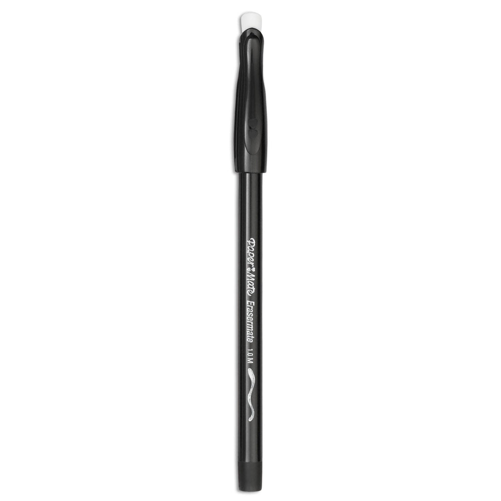 Paper Mate Eraser Mate Ballpoint Pen, Stick, Medium 1 mm, Black Ink, Black Barrel, Dozen