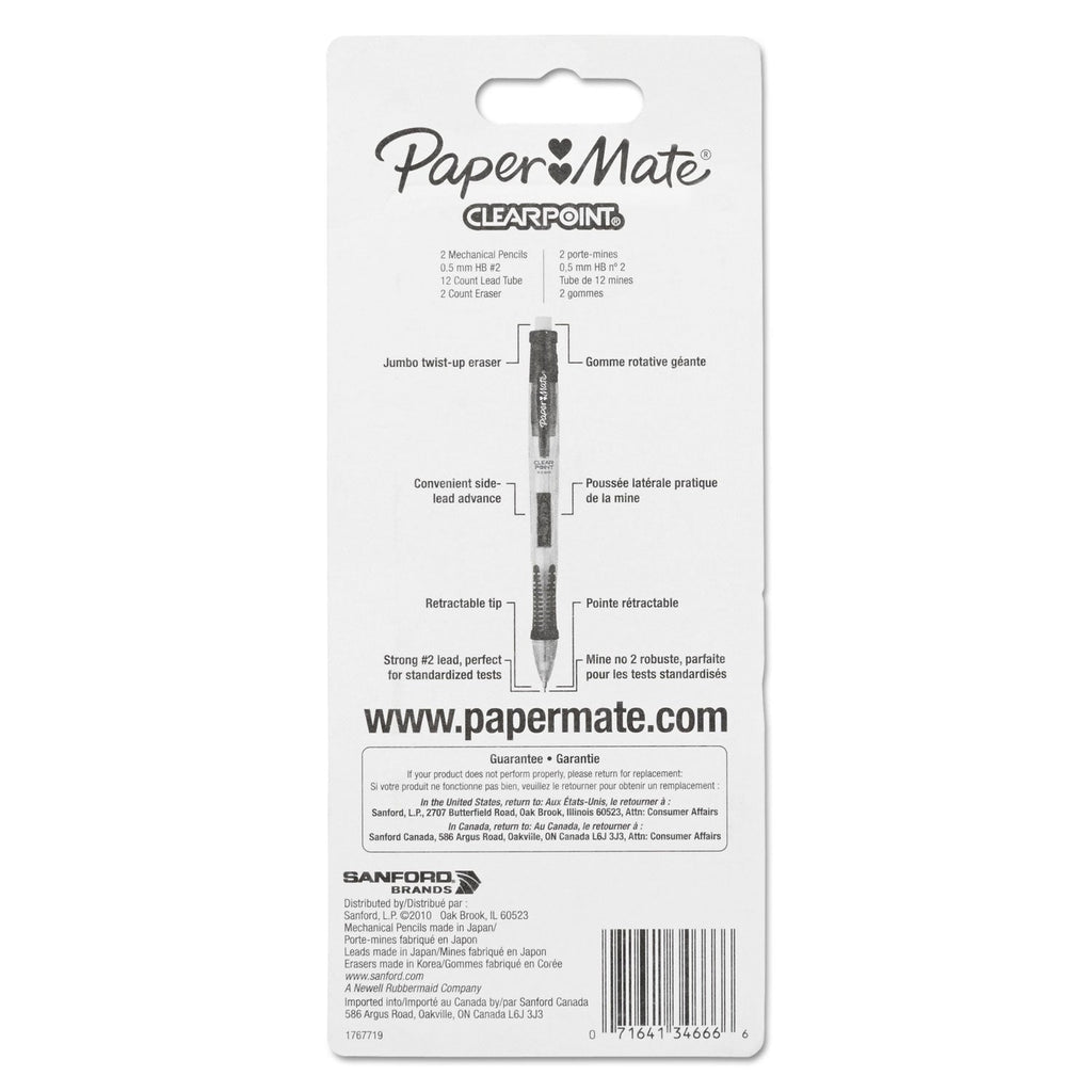 Paper Mate Clear Point Mechanical Pencil, 0.5 mm, HB (#2.5), Black Lead, Randomly Assorted Barrel Colors, 2/Pack