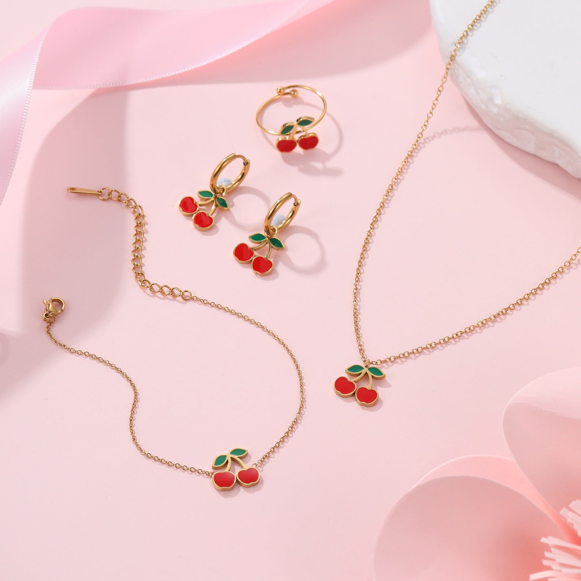 Cherry Necklace Bracelet Titanium Steel Earring Ring Pieces