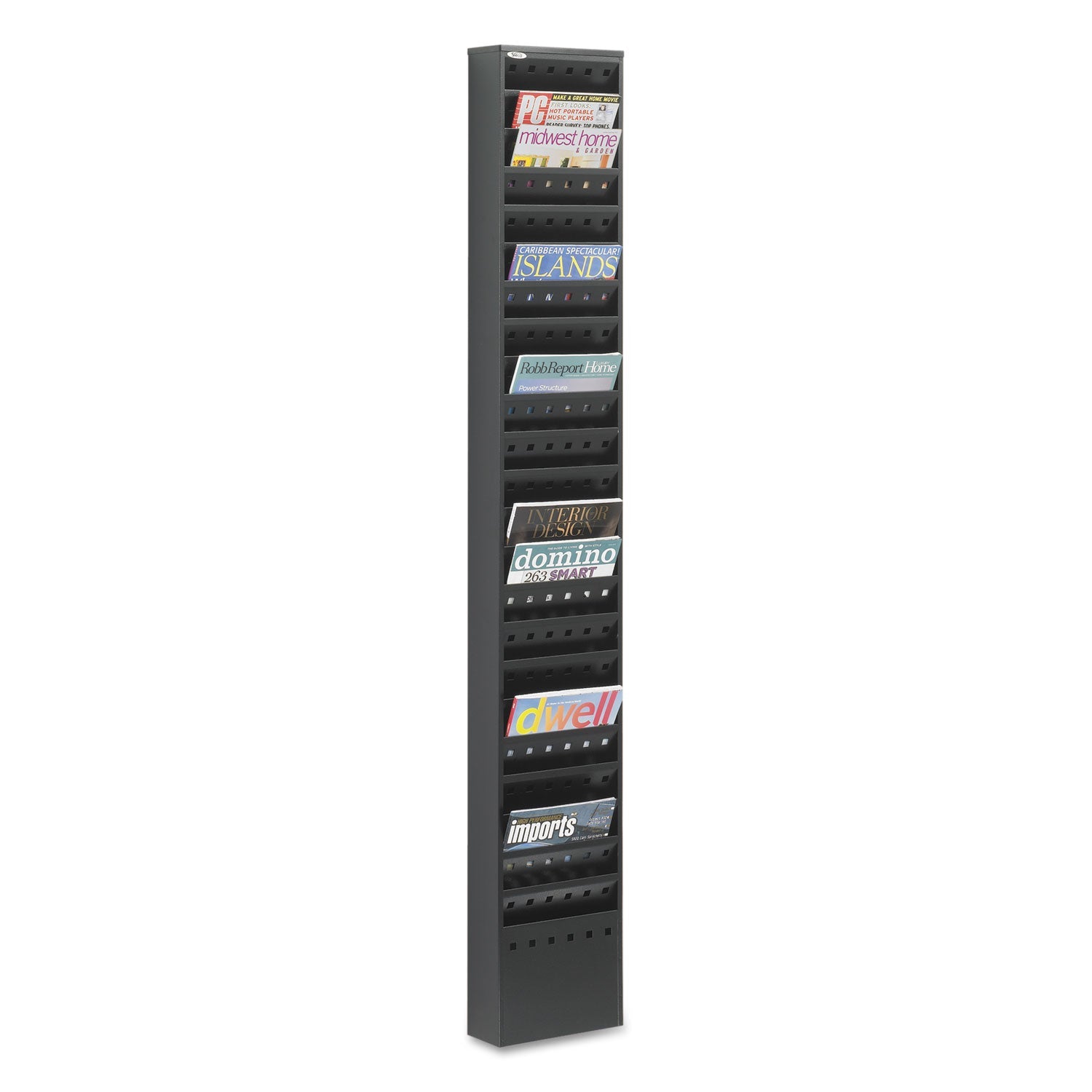 Safco Steel Magazine Rack, 23 Compartments, 10w x 4d x 65.5h, Black