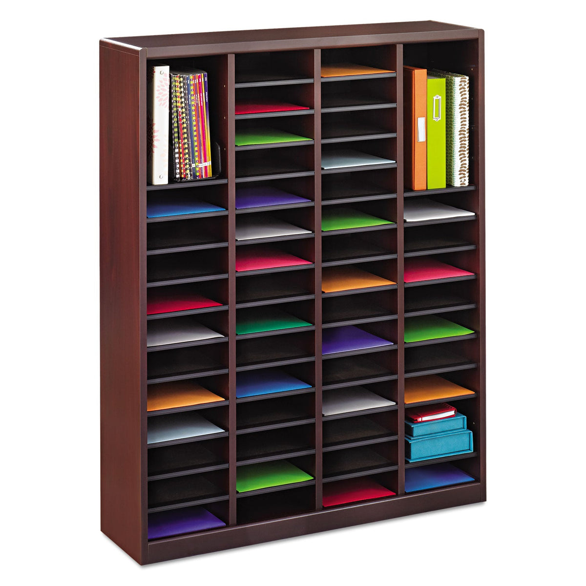 Safco Wood/Fiberboard E-Z Stor Sorter, 60 Compartments, 40 x 11.75 x 52.25, Mahogany, 2 Boxes