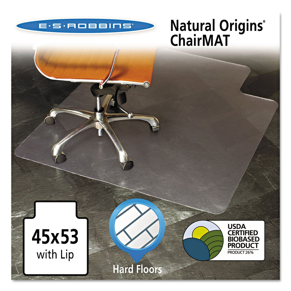 ES Robbins Natural Origins Chair Mat with Lip For Hard Floors, 45 x 53, Clear