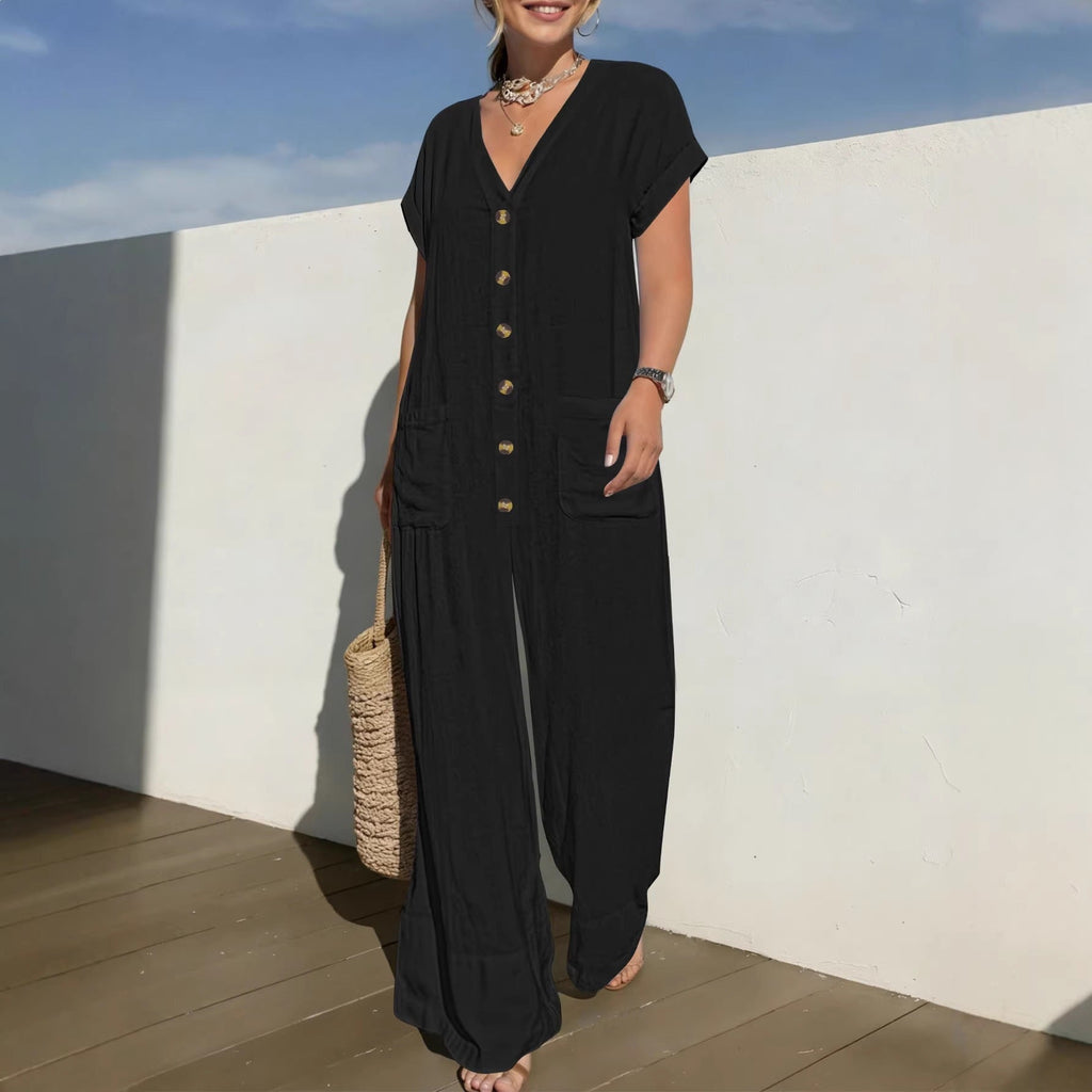 Men's Spring And Summer Overalls With Batwing Sleeves, Wide-leg Overalls, Casual Loose V-neck Buttoned Jumpsuit