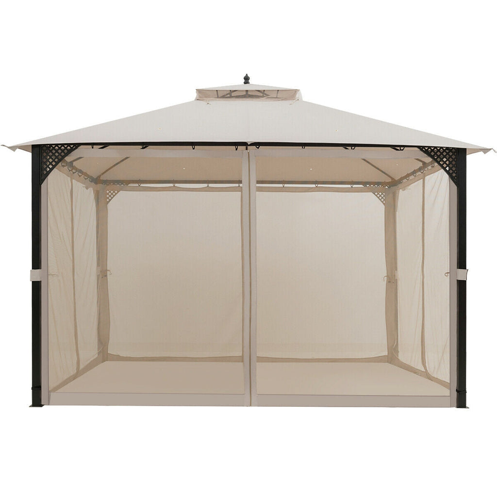 12 x 10 Feet Outdoor Double Top Patio Gazebo with Netting-Brown