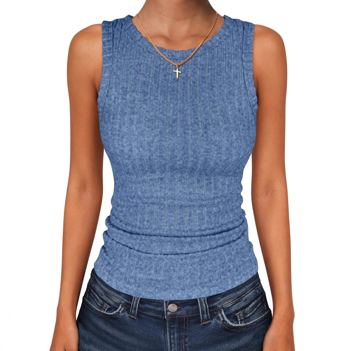 Womens Round-Neck Casual Sleeveless Solid-Color Knitted Vest