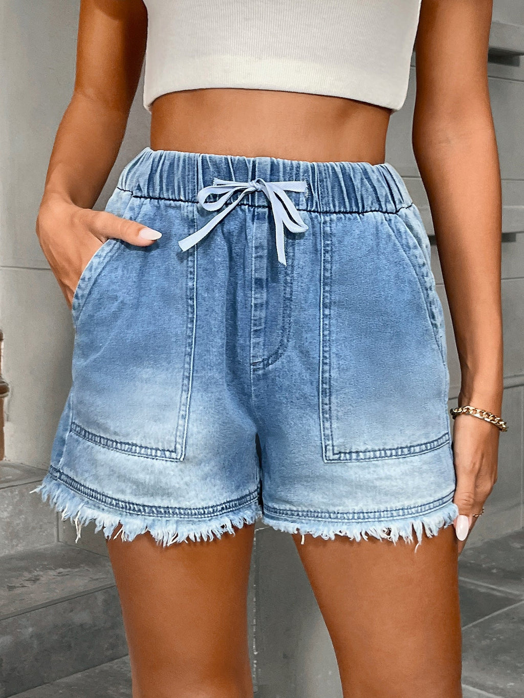 Womens Denim Shorts With Elastic Waist And Drawstring