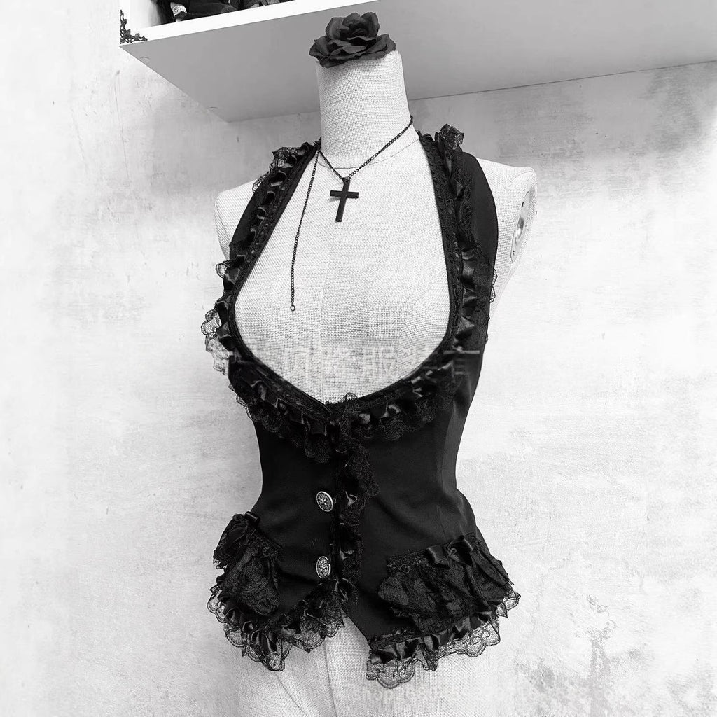 Dark Gothic-style Black Lace Halter Vest For Women