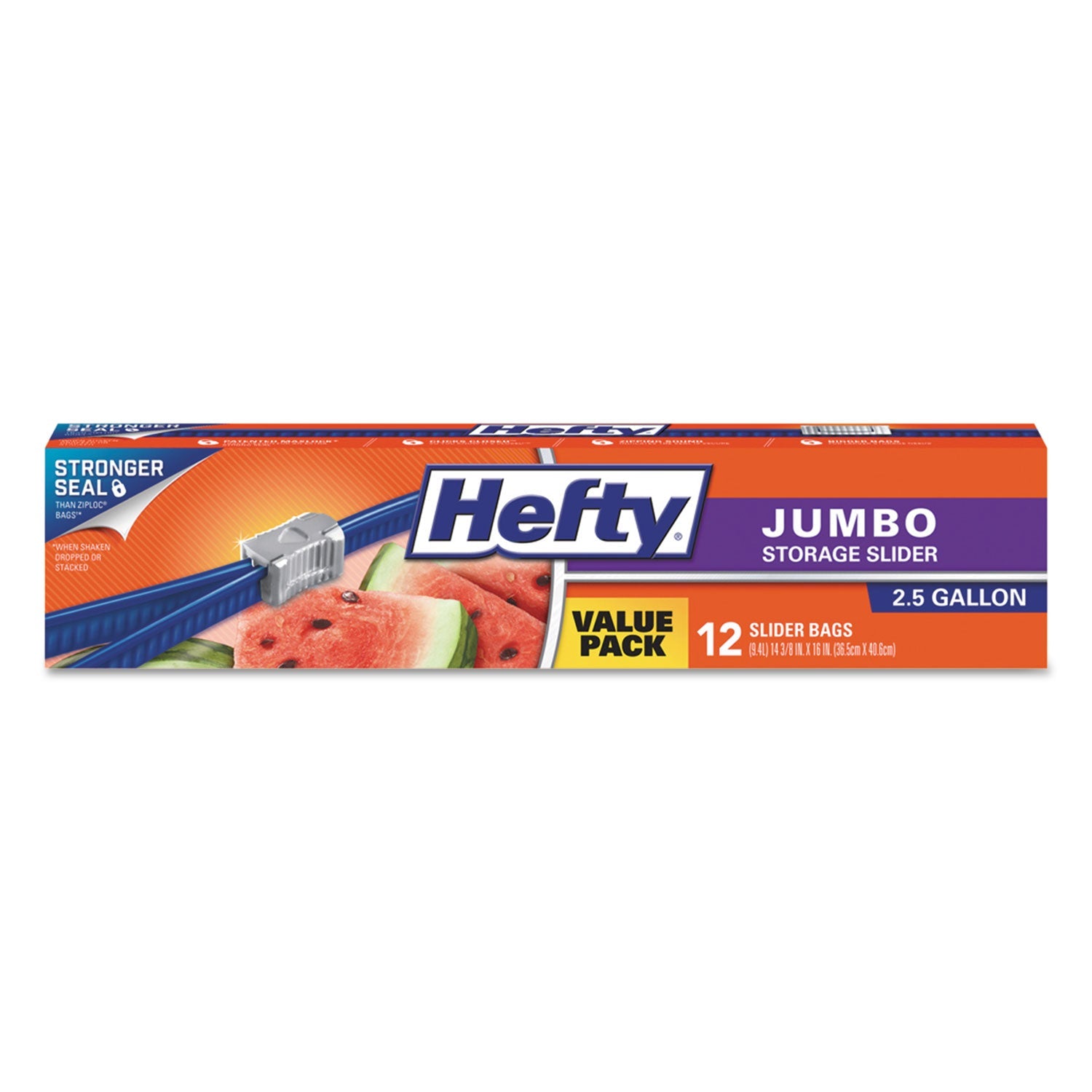 Hefty Slider Bags, 2.5 gal, 0.9 mil, 14.38" x 9", Clear, 12/Box