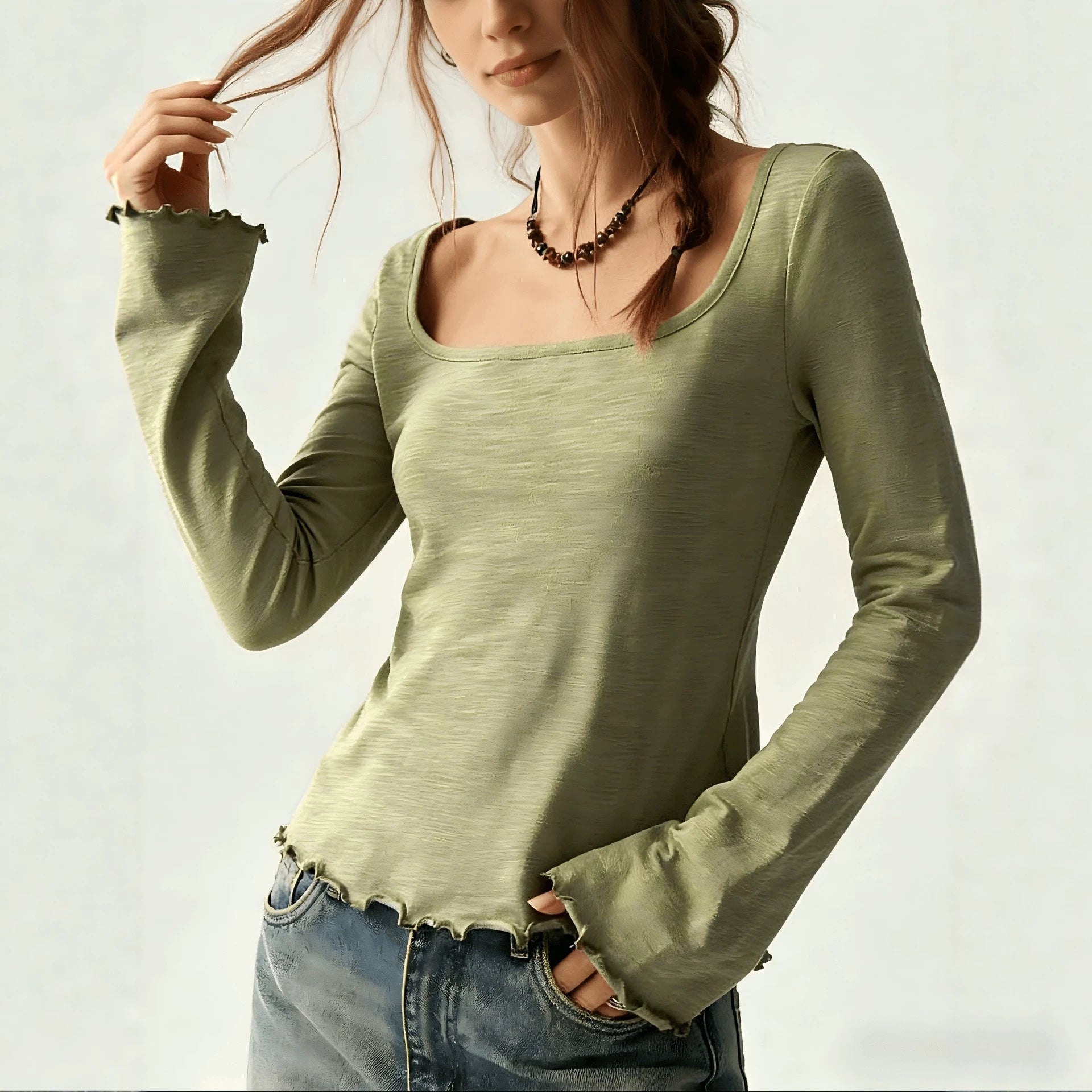 Wide-neck Long-sleeve Top Basic T-shirt