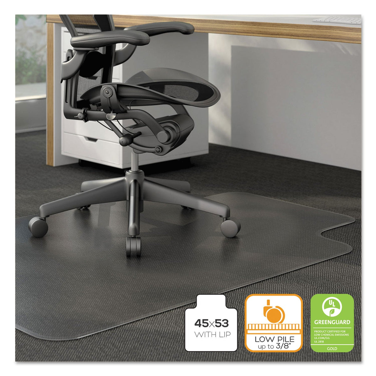 Alera Moderate Use Studded Chair Mat for Low Pile Carpet, 45 x 53, Wide Lipped, Clear