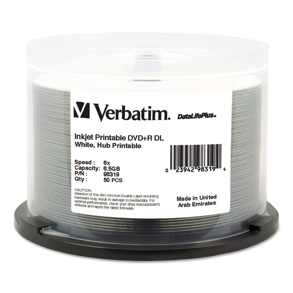 Verbatim DVD+R Dual Layer Printable Recordable Disc, 8.5 GB, 8x, Spindle, White, 50/Pack