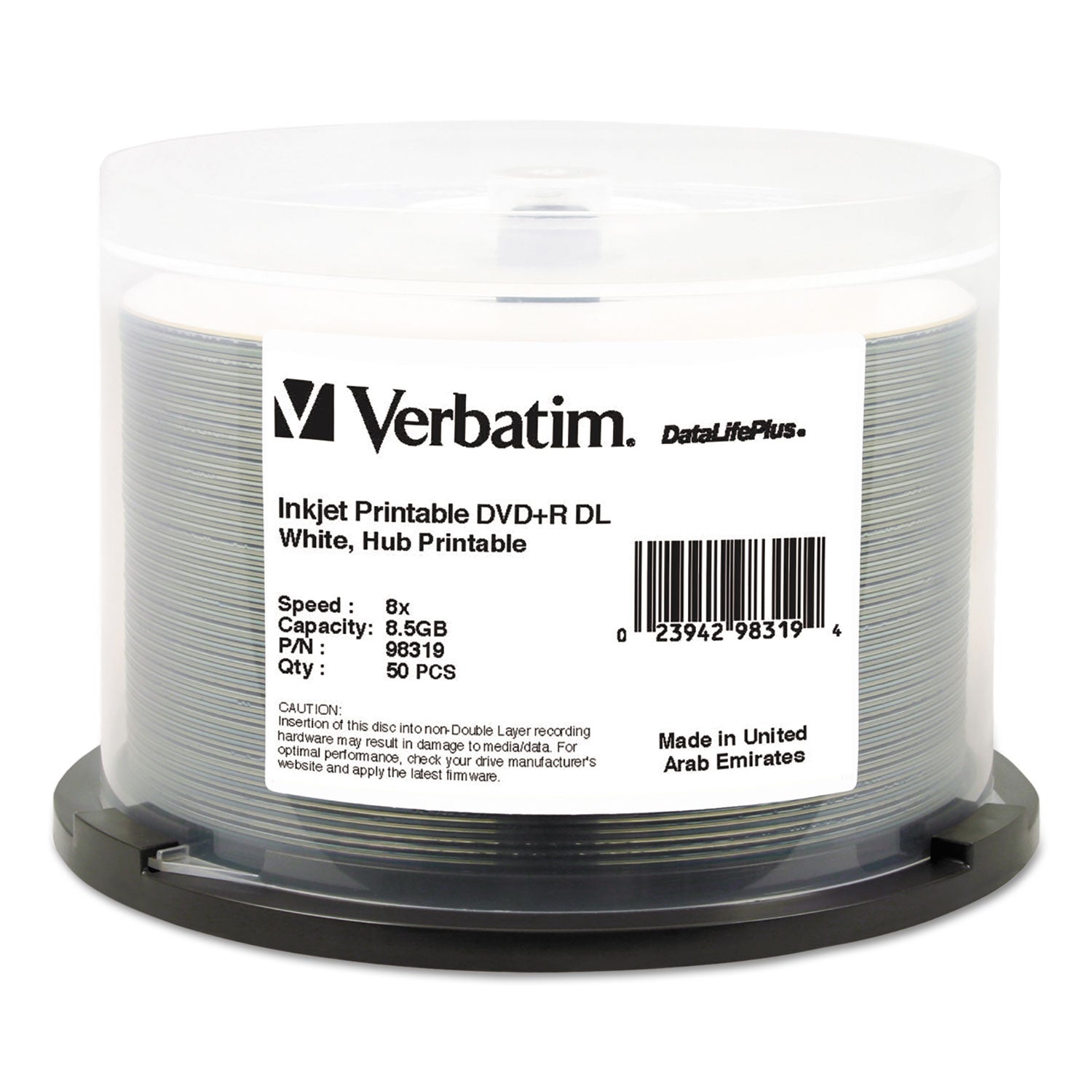 Verbatim DVD+R Dual Layer Printable Recordable Disc, 8.5 GB, 8x, Spindle, White, 50/Pack