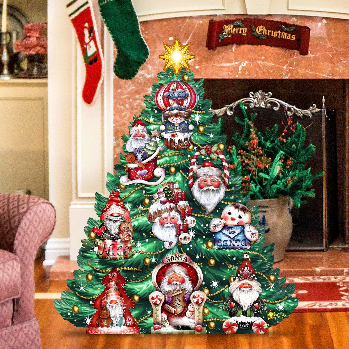 Santa-Themed Christmas Tree Outdoor Indoor Decor Wooden Christmas Decoration by Jamie Mills-Price Christmas Decor - 8191509F