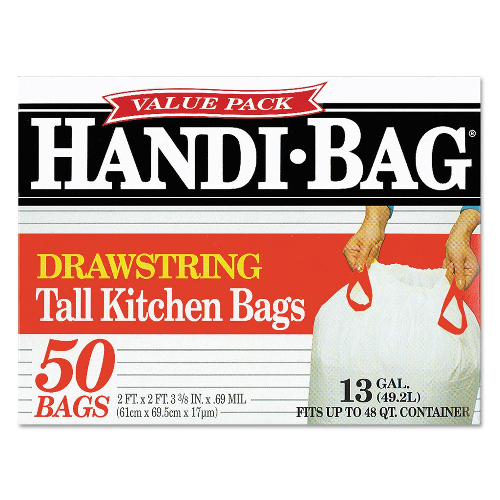 Handi-Bag Drawstring Kitchen Bags, 13 gal, 0.6 mil, 24" x 27.38", White, 50/Box