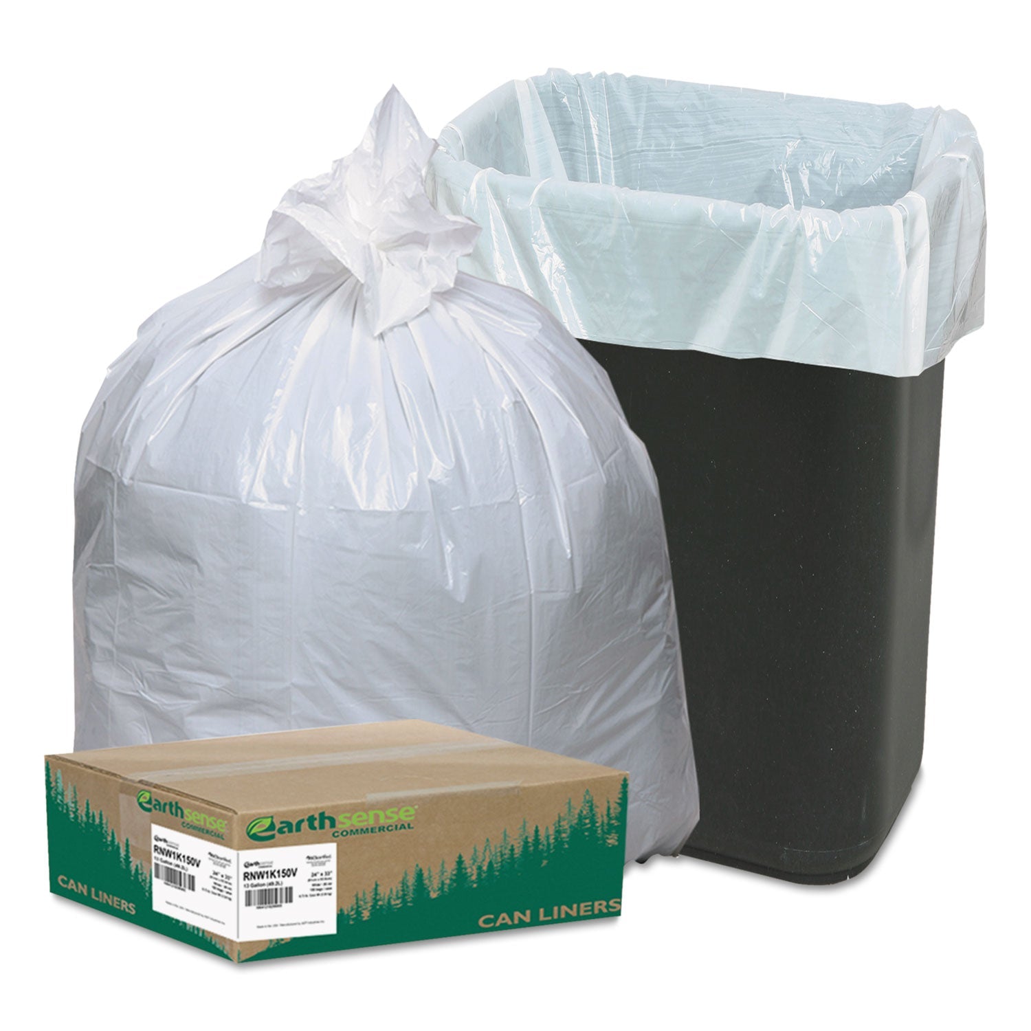Earthsense Linear-Low-Density Recycled Tall Kitchen Bags, 13 gal, 0.85 mil, 24" x 33", White, 150/Box