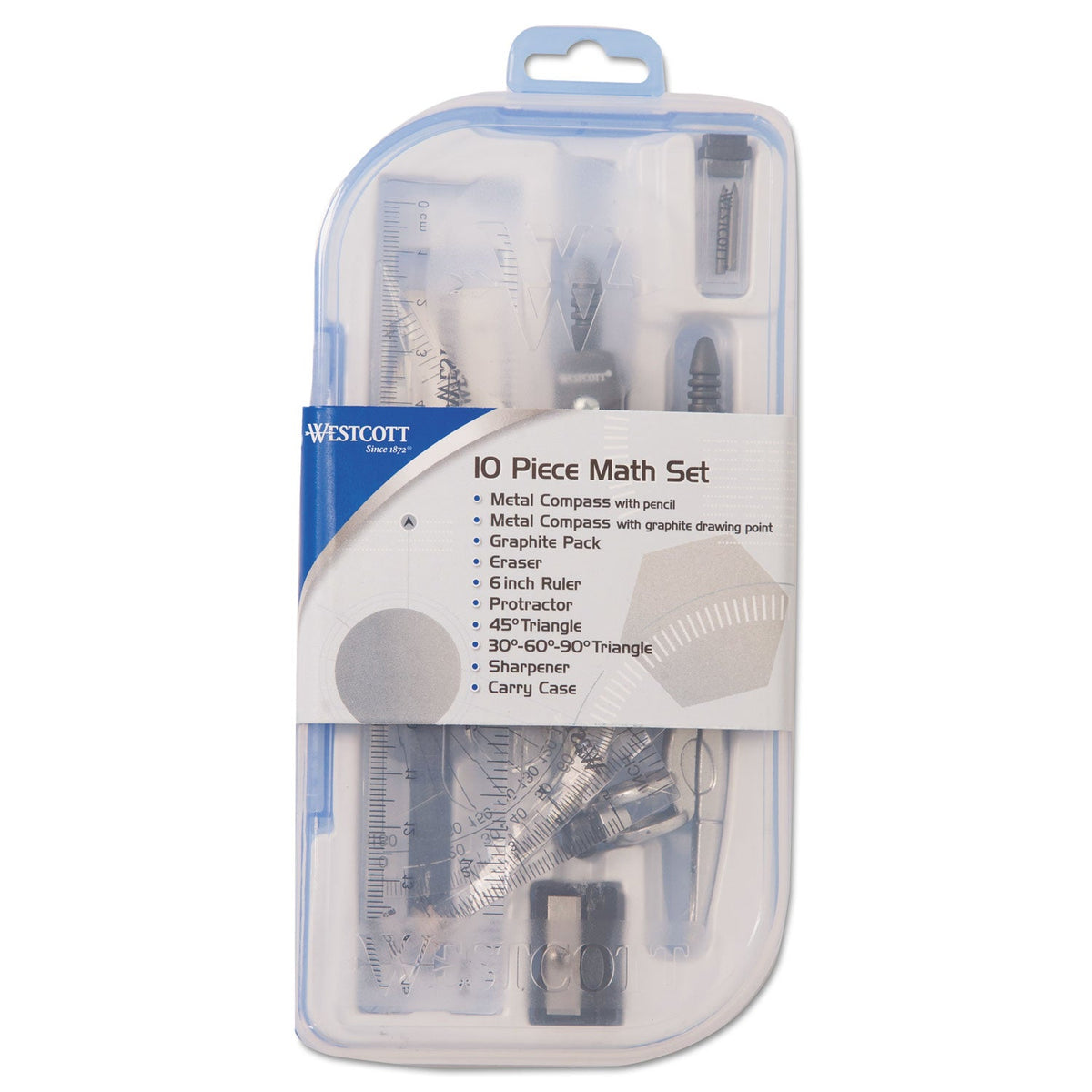 Westcott Ten Piece Math Tool Kit, Blue with Gray Tools, Hard Plastic Case