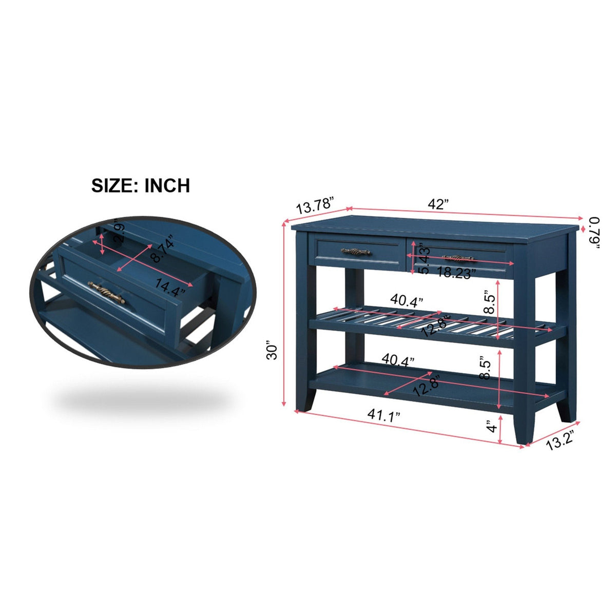 Console Sofa Table with 2 Storage Drawers and 2 Tiers Shelves Mid-Century Style 42'' Solid Wood Buffet Sideboard Navy Blue