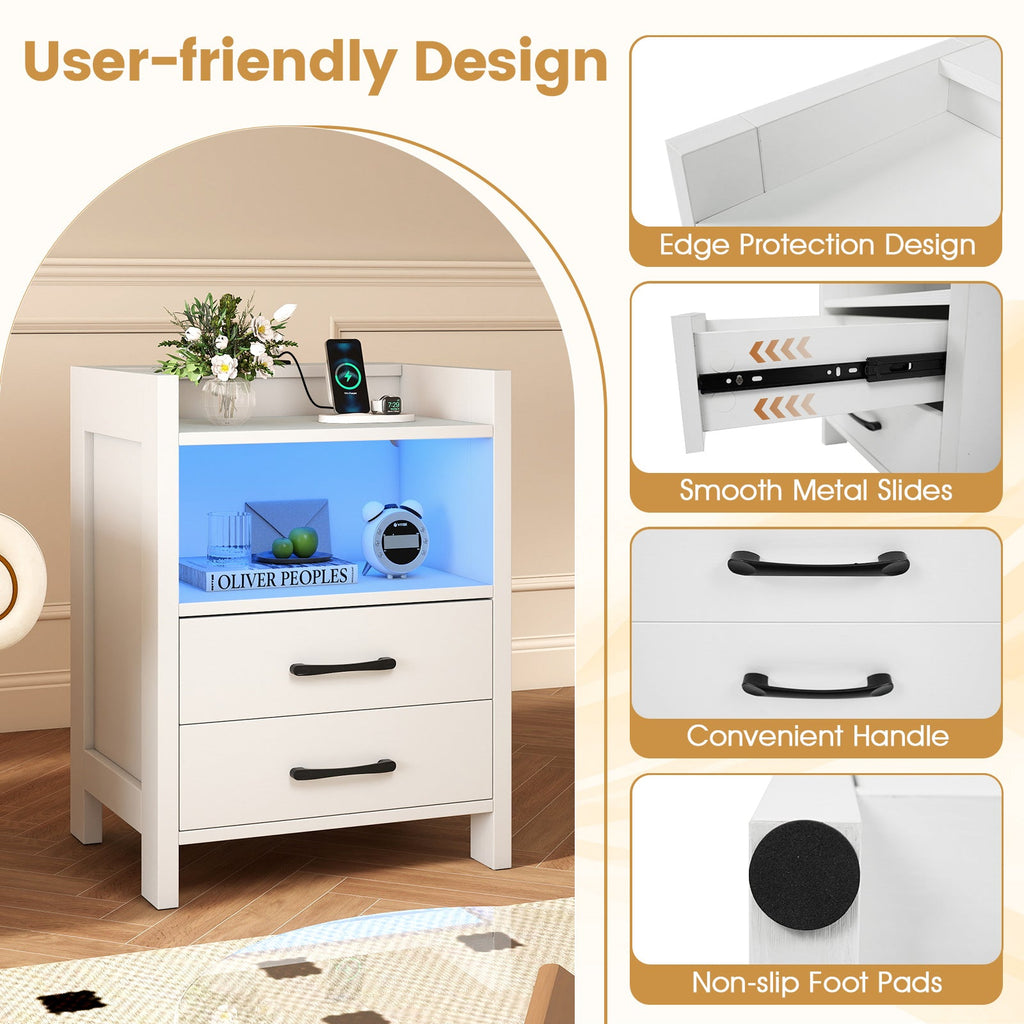 23.5 Inches Nightstand with Charging Station and Open Storage Shelf-White