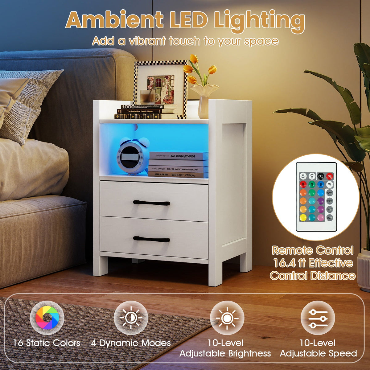 23.5 Inches Nightstand with Charging Station and Open Storage Shelf-White