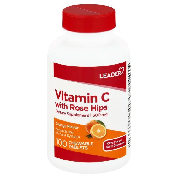 Leader Vitamin C 500mg Chewables with Rose Hips, 100ct – Orange Flavor