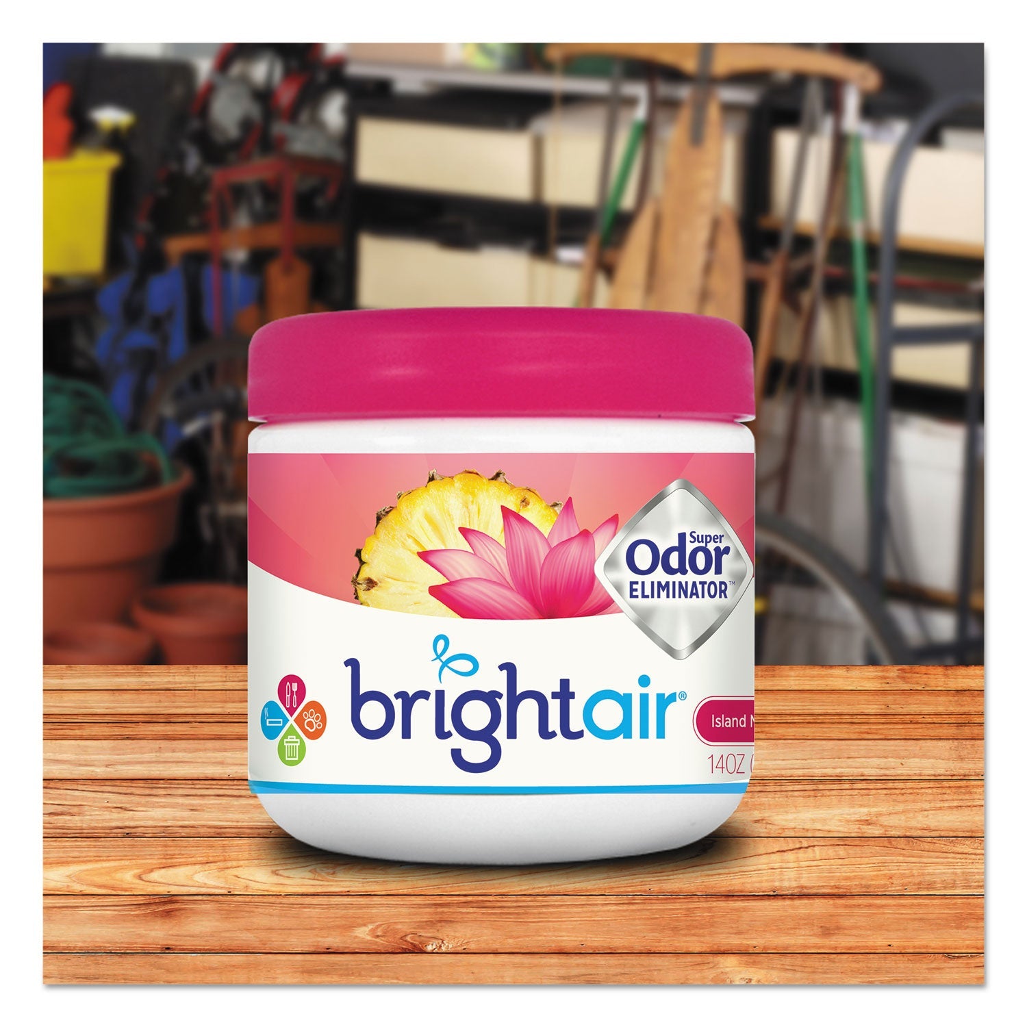 BRIGHT Air Super Odor Eliminator, Island Nectar and Pineapple, Pink, 14 oz Jar, 6/Carton