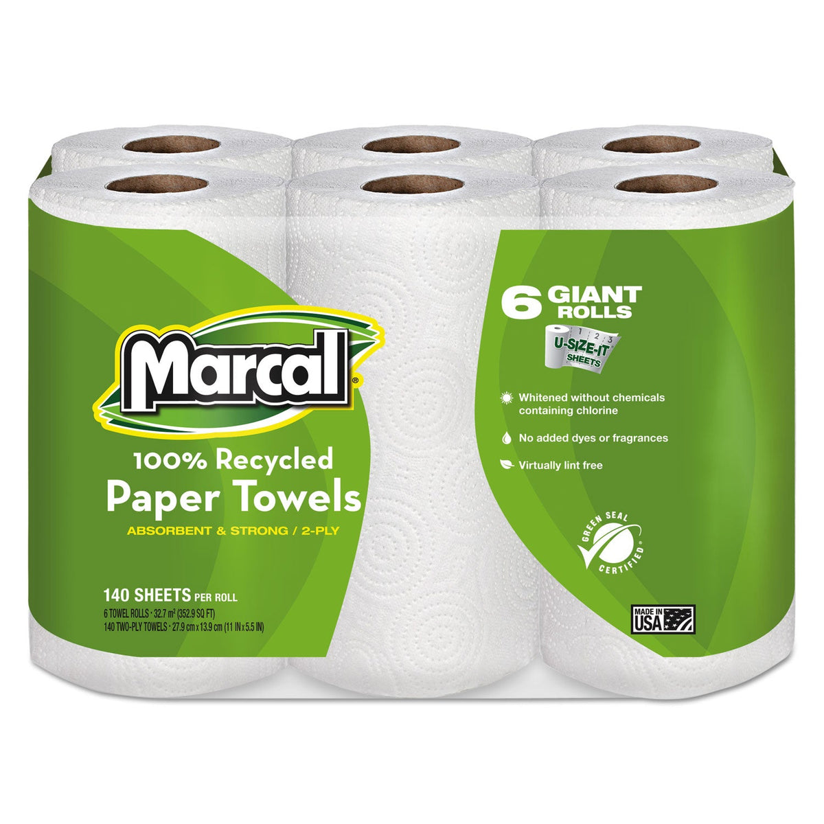 Marcal 100% Premium Recycled Kitchen Roll Towels, 2-Ply, 11 x 5.5, White, 140/Roll, 24 Rolls/Carton