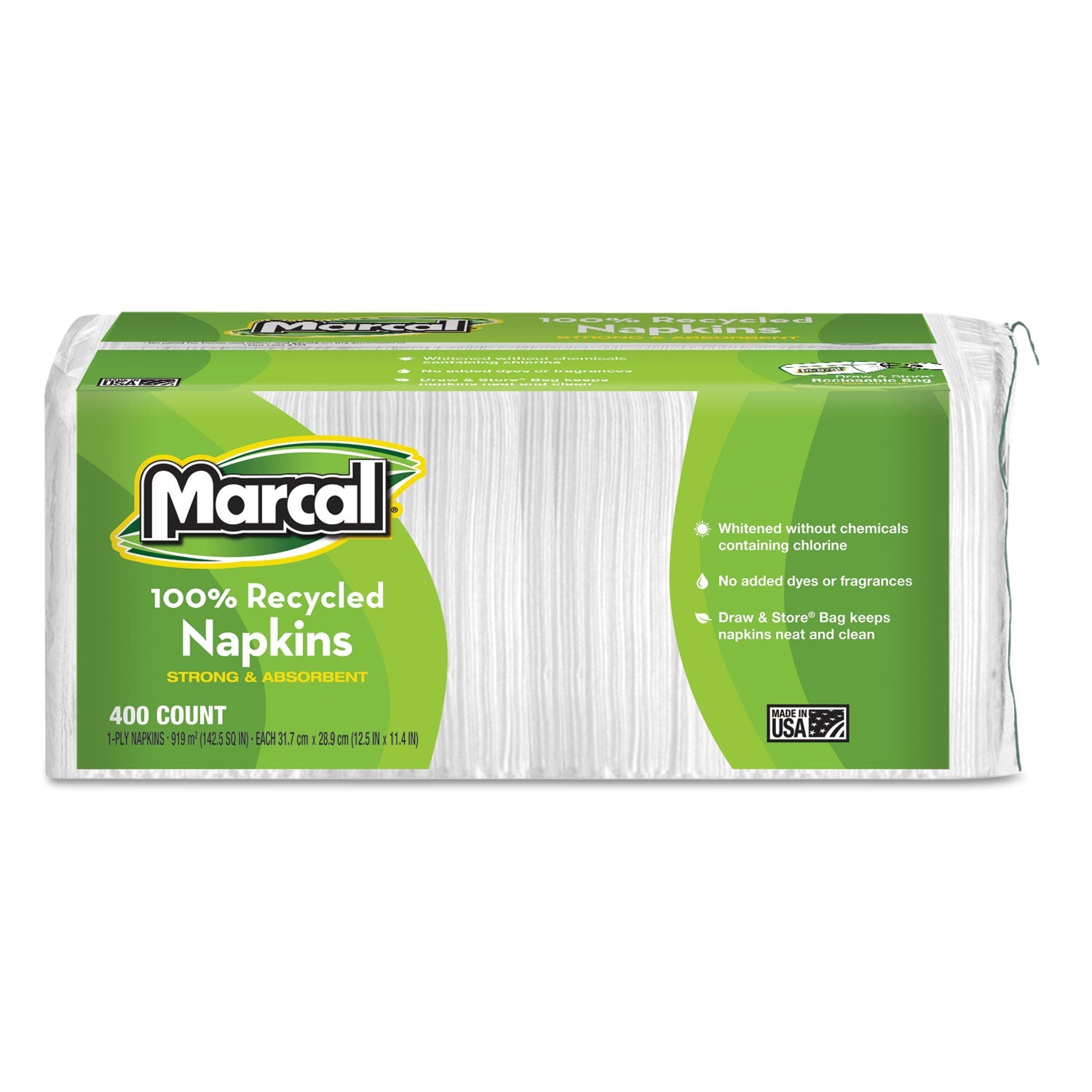 Marcal 100% Recycled Luncheon Napkins, 11.4 x 12.5, White, 400/Pack, 6PK/CT