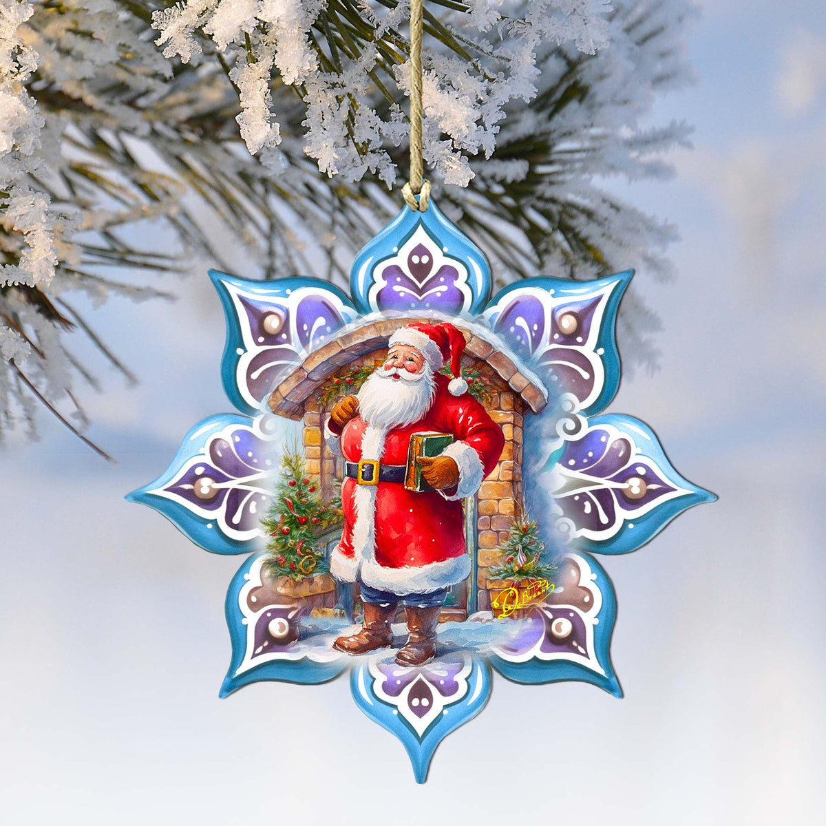Santa with Book Snowflake Large Wooden Ornament by G. Debrekht - Christmas Santa Snowman Decor - 8688420M