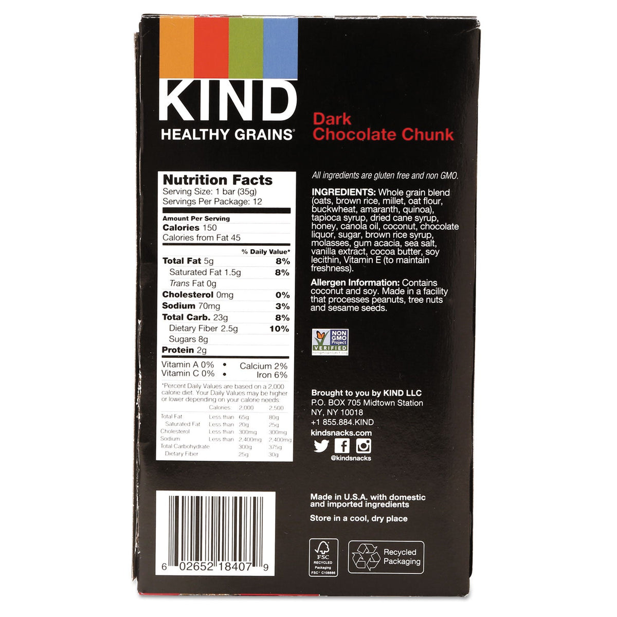 KIND Healthy Grains Bar, Dark Chocolate Chunk, 1.2 oz, 12/Box