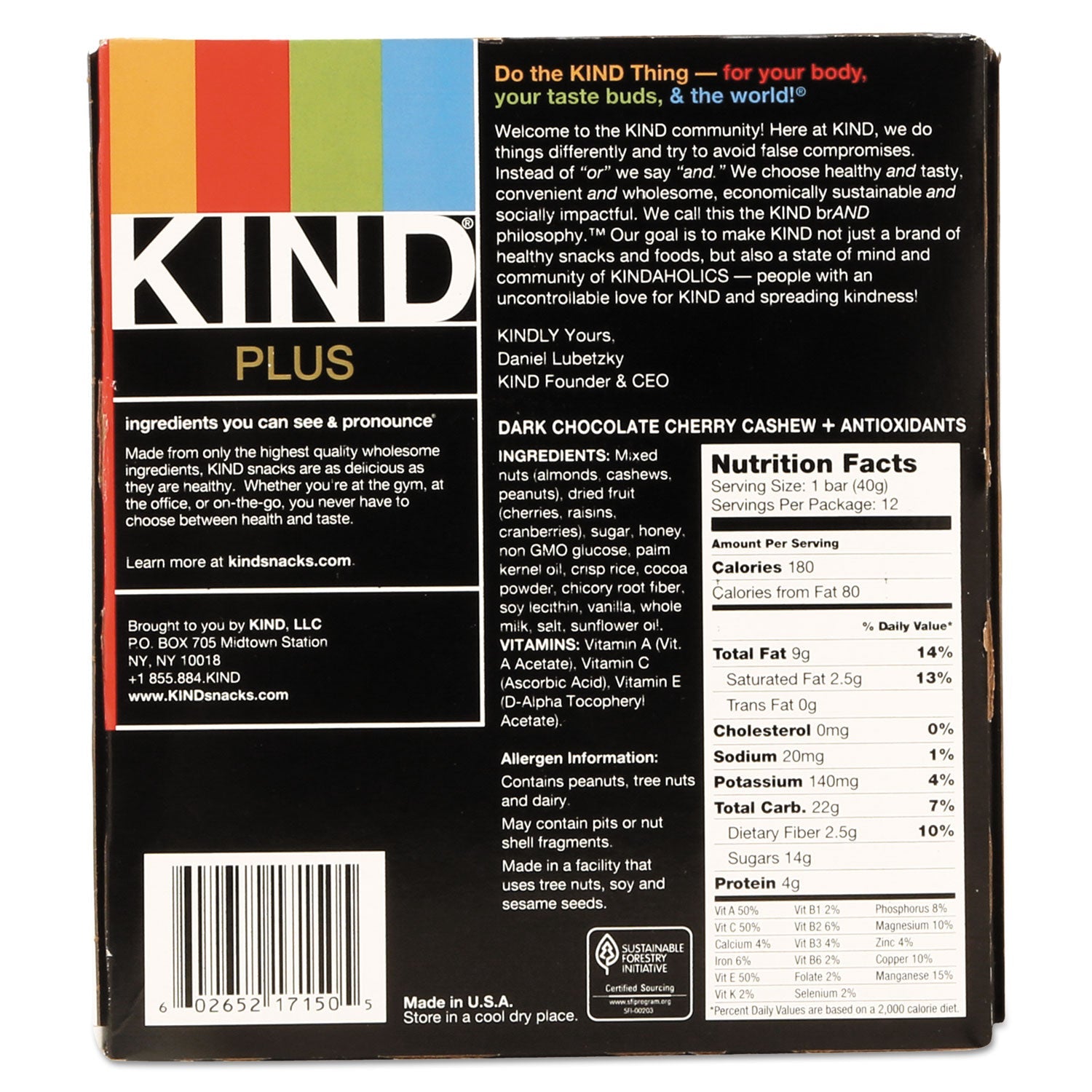 KIND Plus Nutrition Boost Bar, Dk ChocolateCherryCashew/Antioxidants, 1.4 oz, 12/Box