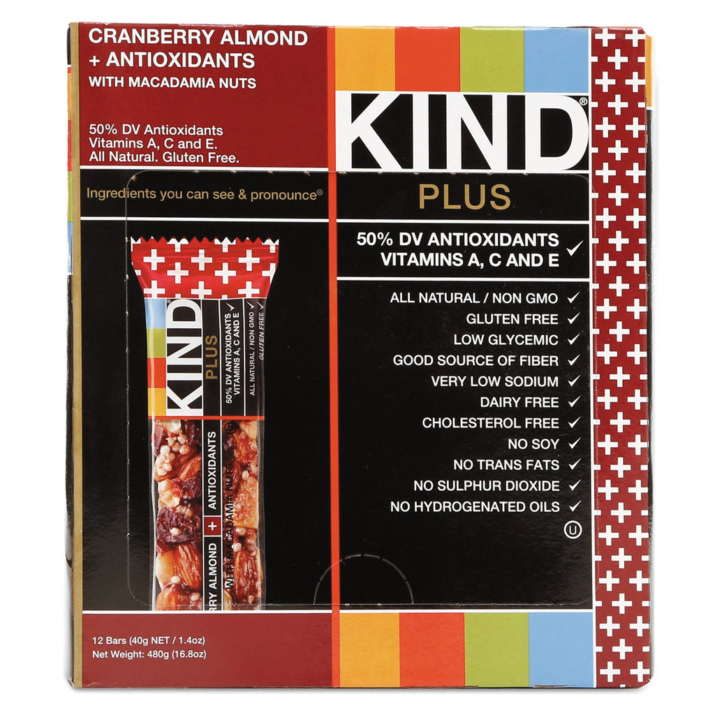 KIND Plus Nutrition Boost Bar, Cranberry Almond and Antioxidants, 1.4 oz, 12/Box