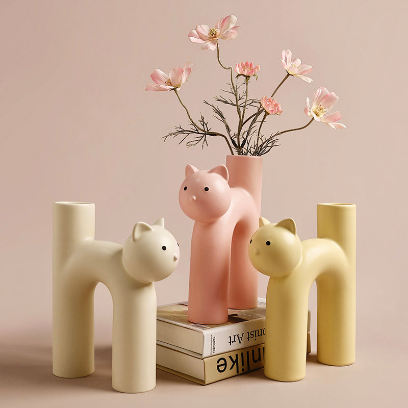 Cute Cat Ceramic Vase — Glazed, 3 Colors, Home Decor