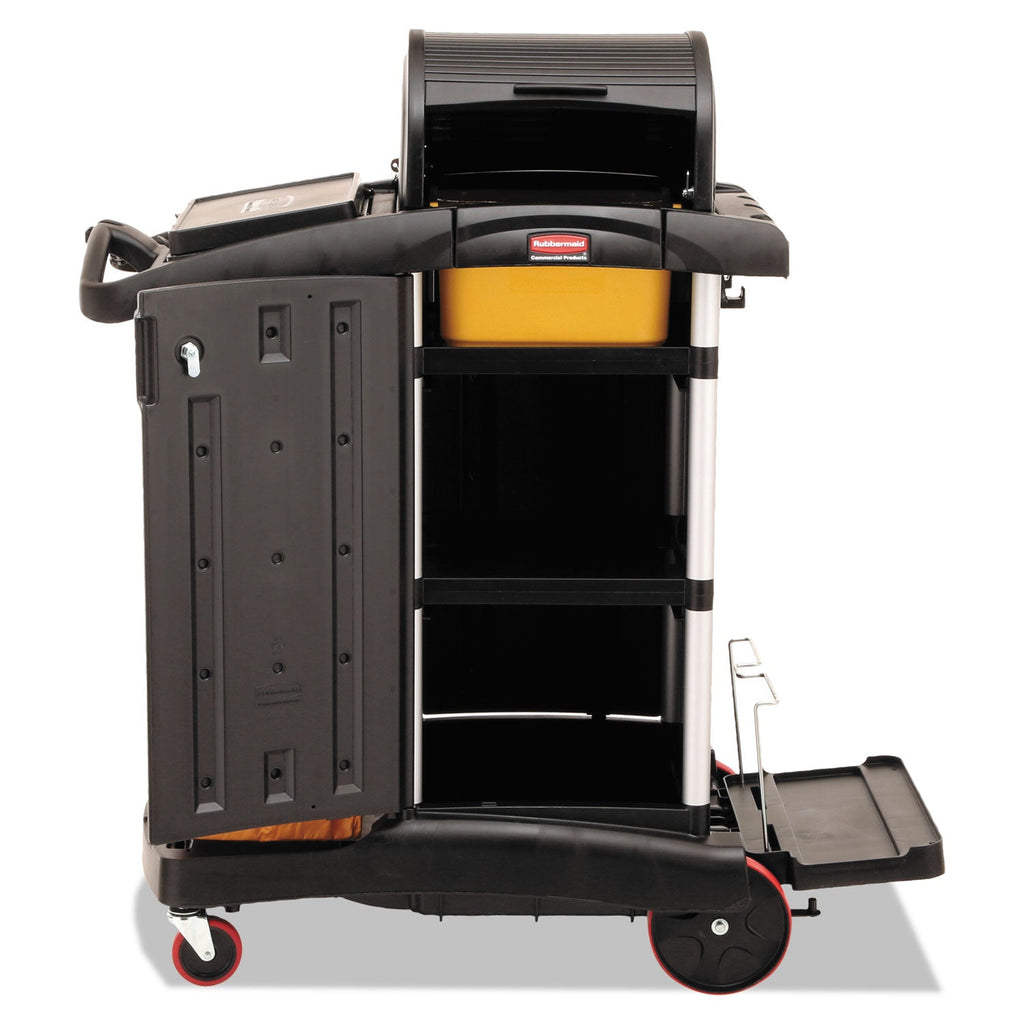 Rubbermaid High-Security Healthcare Cleaning Cart, Metal, 4 Shelves, 1 Bin, 22" x 48.25" x 53.5", Black