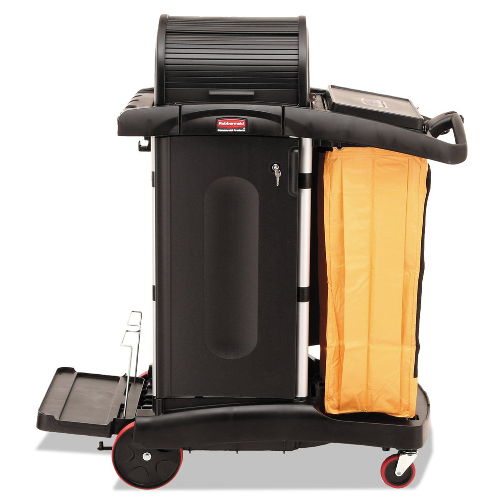 Rubbermaid High-Security Healthcare Cleaning Cart, Metal, 4 Shelves, 1 Bin, 22" x 48.25" x 53.5", Black