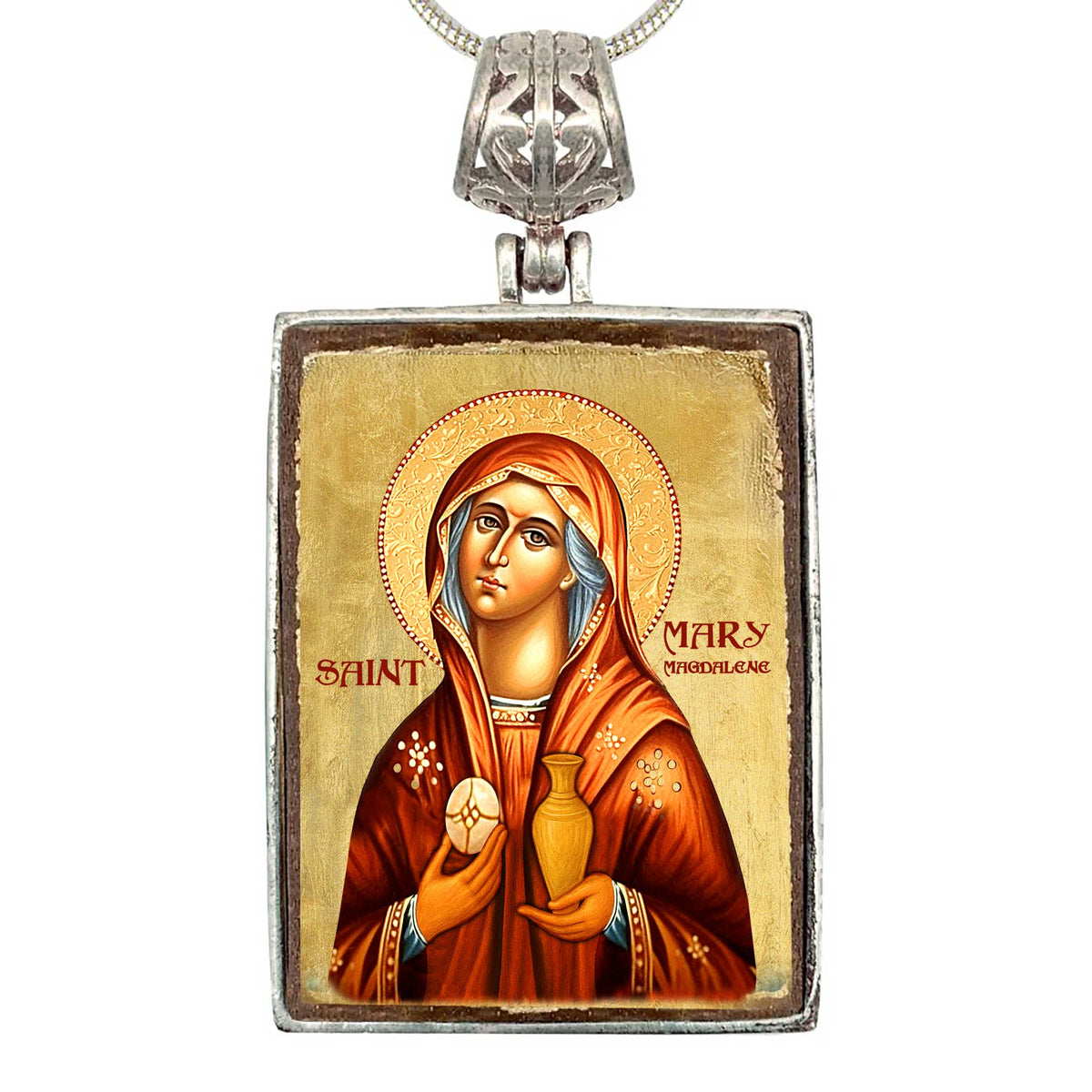 Maria Magdalena Necklace - Silver Plated Religious Jewelry With Gold Plated Pendant - Christian Sacred Icon - Inspirational Icon Decor - 43014-2R