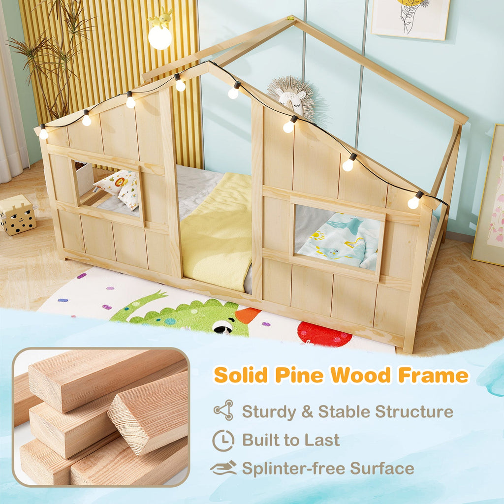 Twin Size House Bed with LED Lights Montessori Slat-free Floor Bed