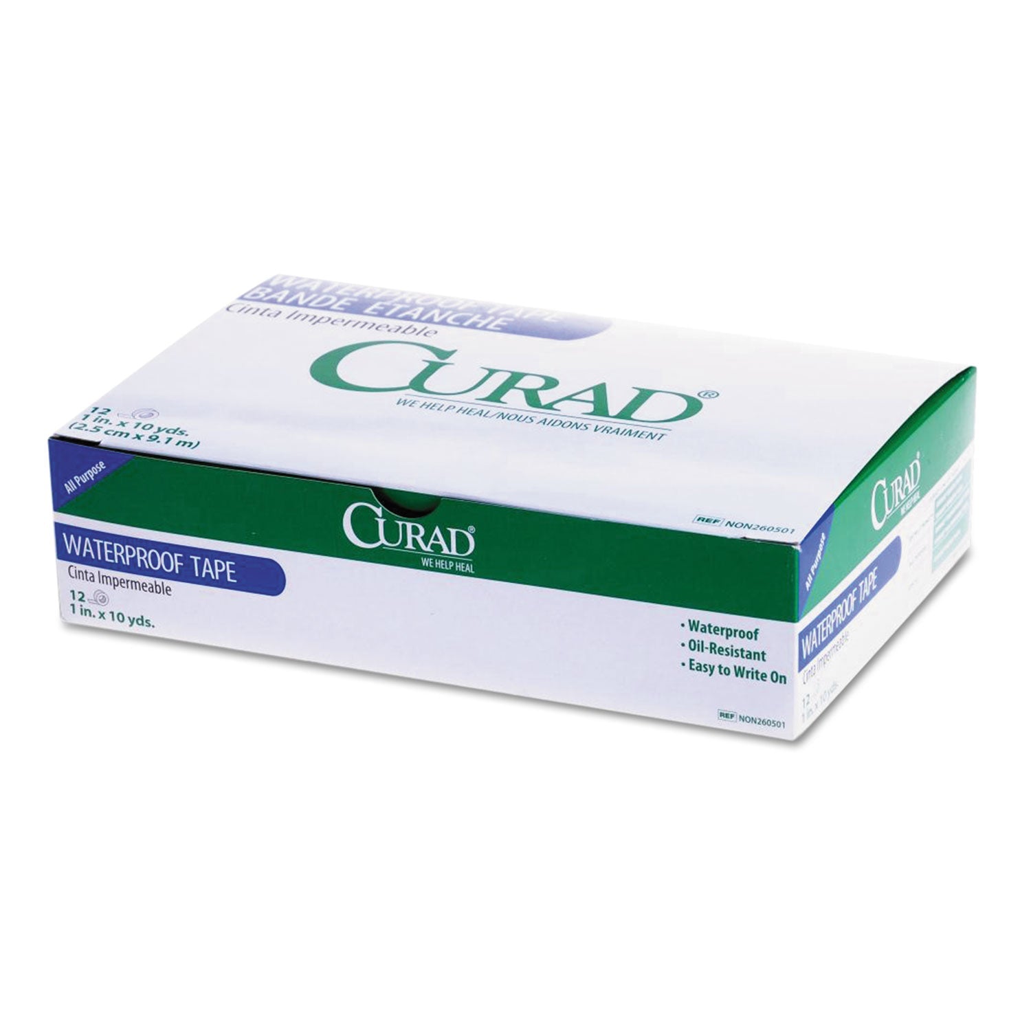 Curad Waterproof Medical Tape, Polyethylene-Coated Cloth, 1" x 10 yds, White, 12/Box