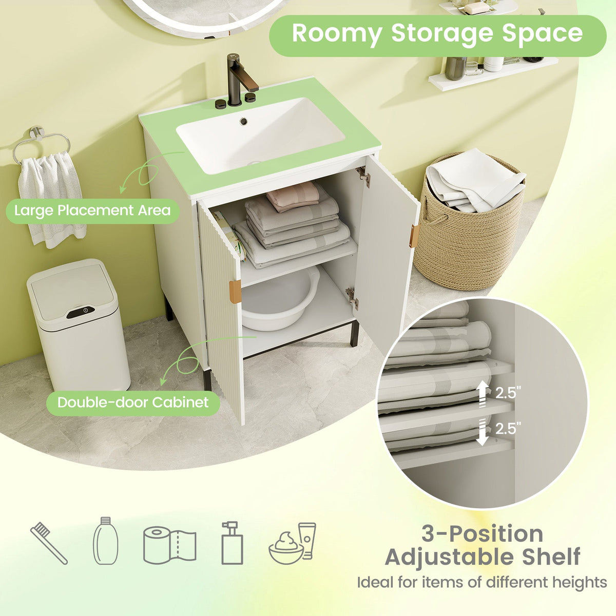 24 Inch Bathroom Vanity with Sink Combo and Adjustable Shelf-White