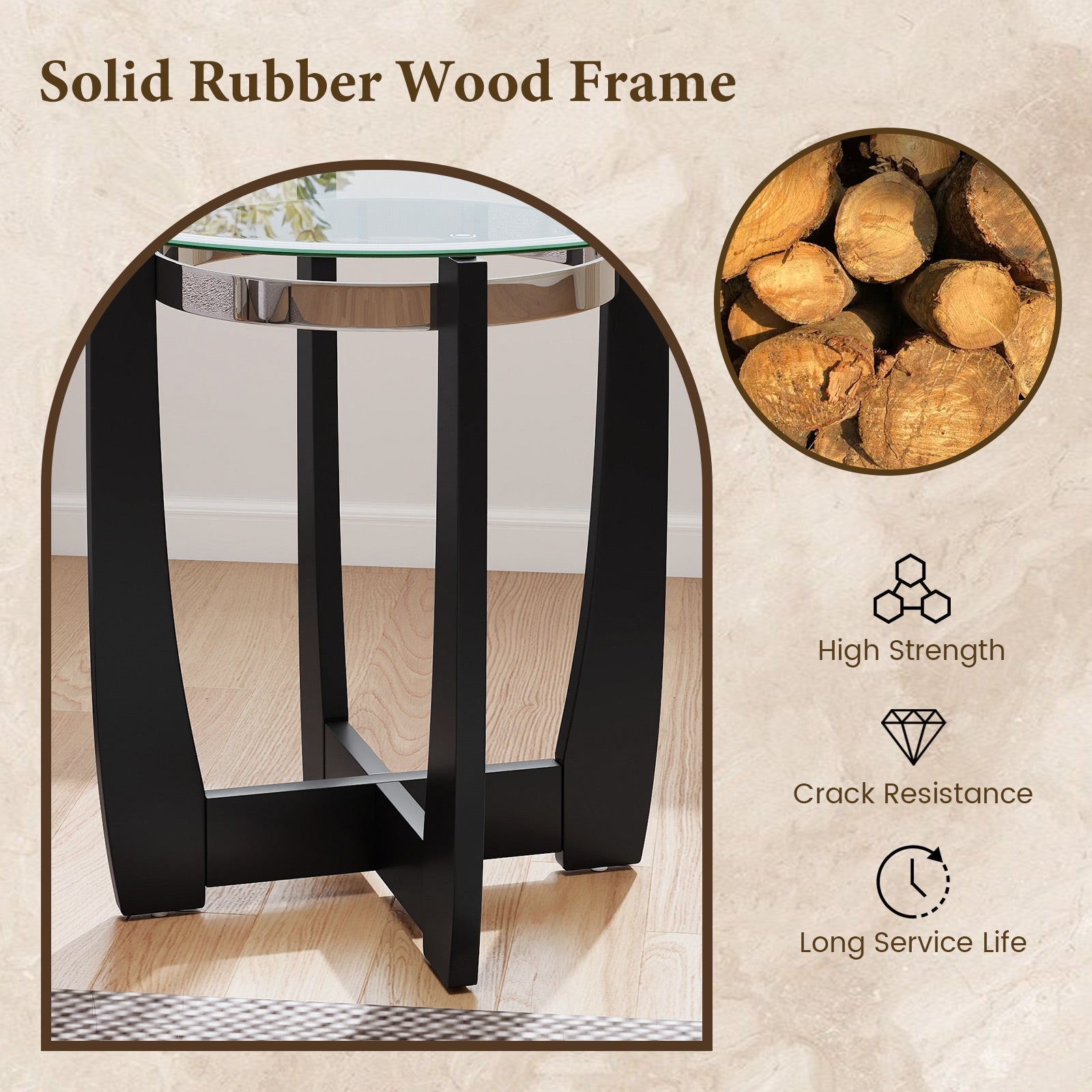 24 Inches Round Side Table with Tempered Glass Top and Solid Rubber Wood Base