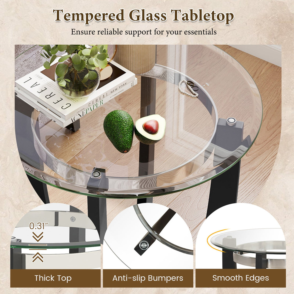 24 Inches Round Side Table with Tempered Glass Top and Solid Rubber Wood Base